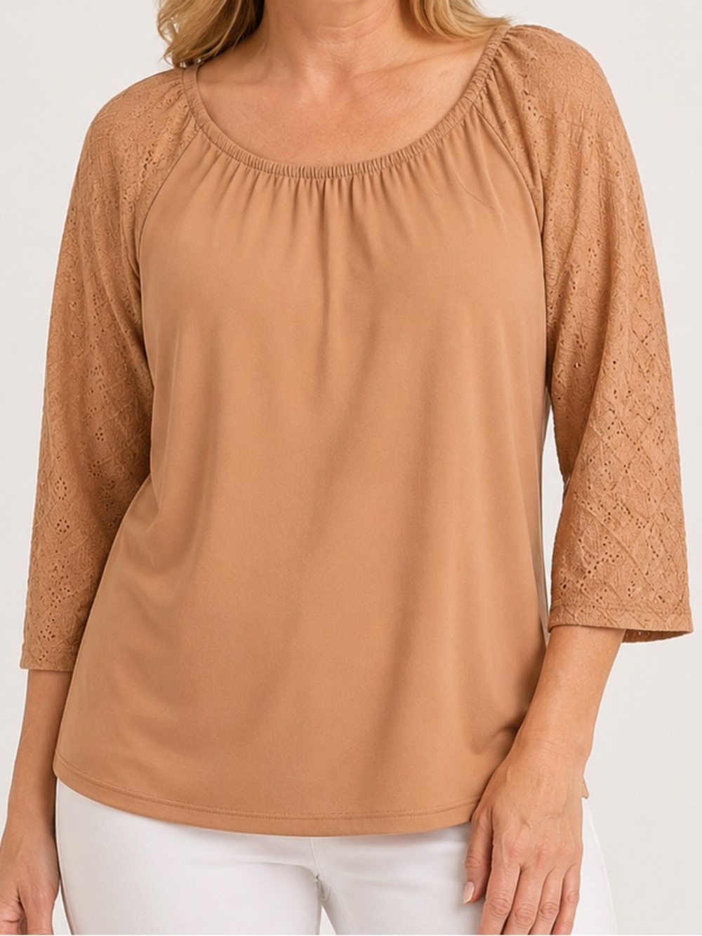 Attitudes by Renee Como Jersey Convertible Eyelet Top – Evening Sand